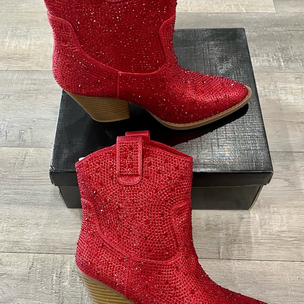 Red Rhinestone Cowgirl Sparkling Pull-on Christmas Party Forever Ankle Booties - Picture 5 of 8